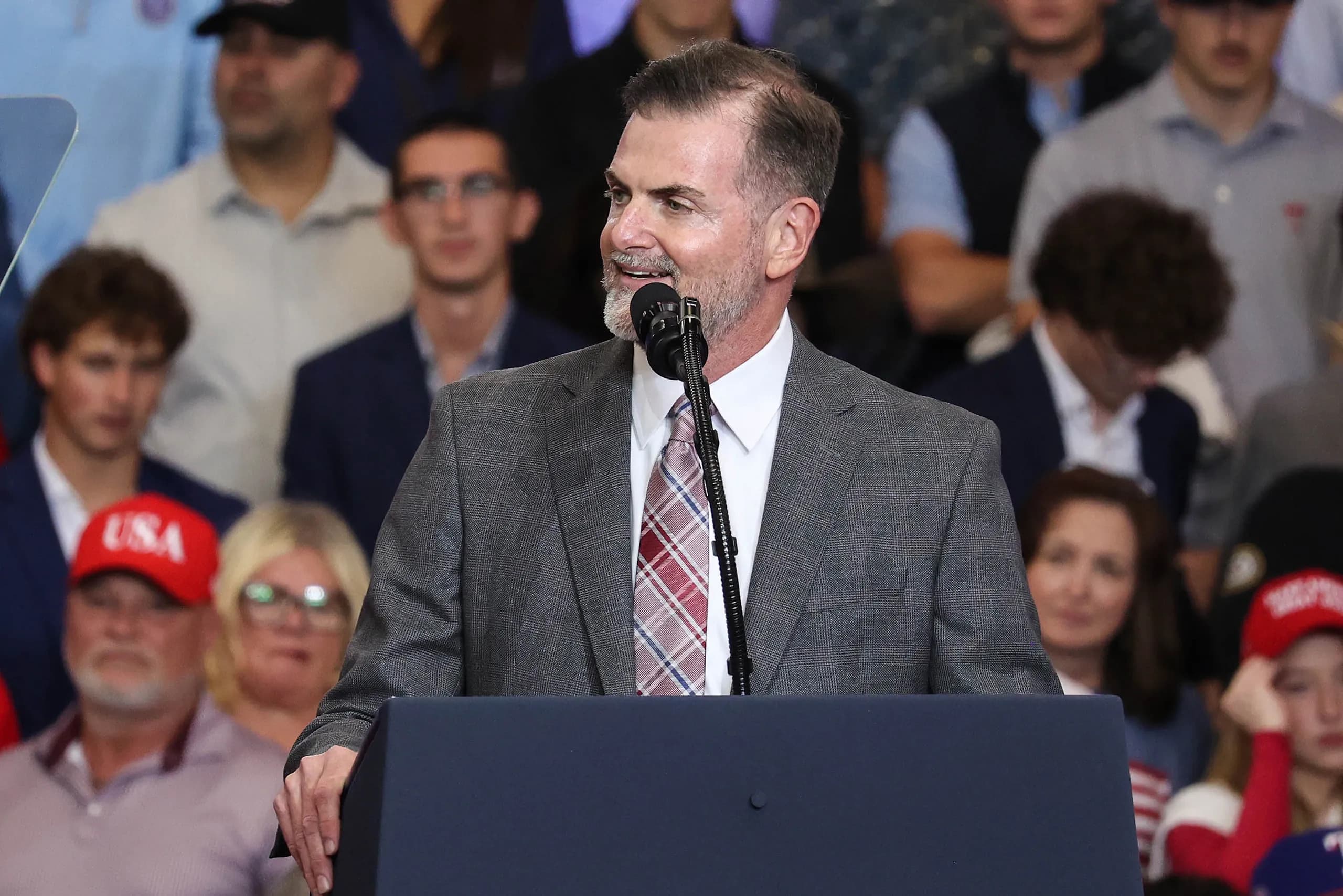 Texas Tech Chancellor Brandon Creighton speaks at President Donald Trumps' midterm rally at the Lubbock Memorial Civic Center in Lubbock on Oct. 27, 2026